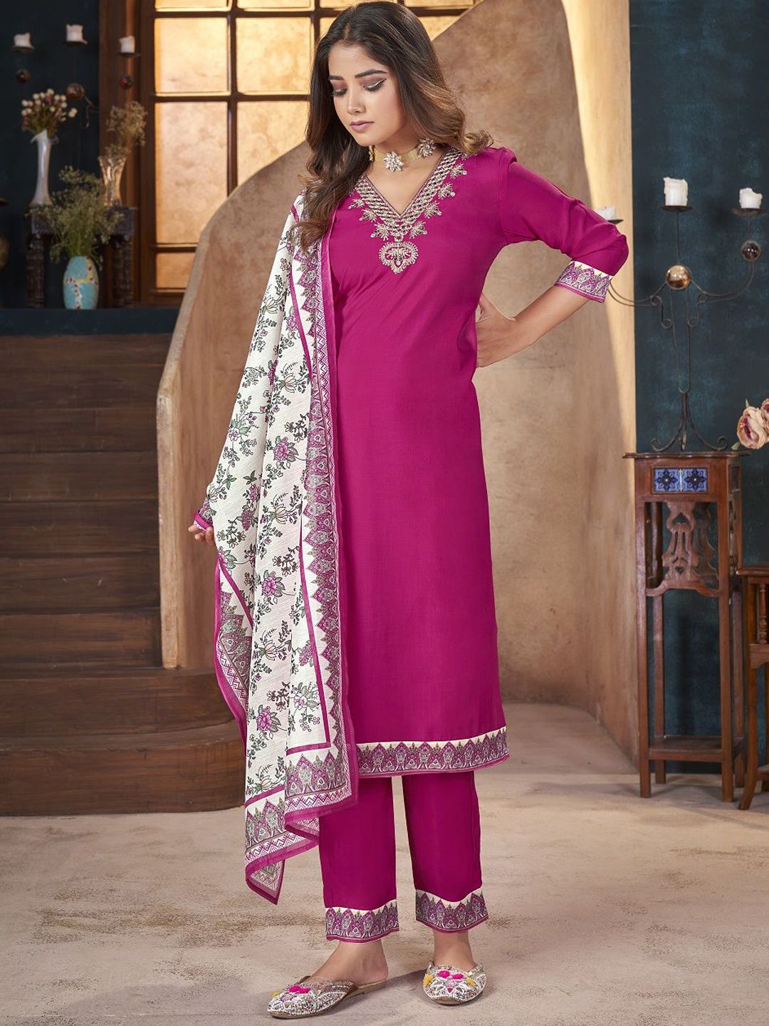 V Neck Floral Yoke Design Zardozi Straight Kurta with Trouser & Dupatta
