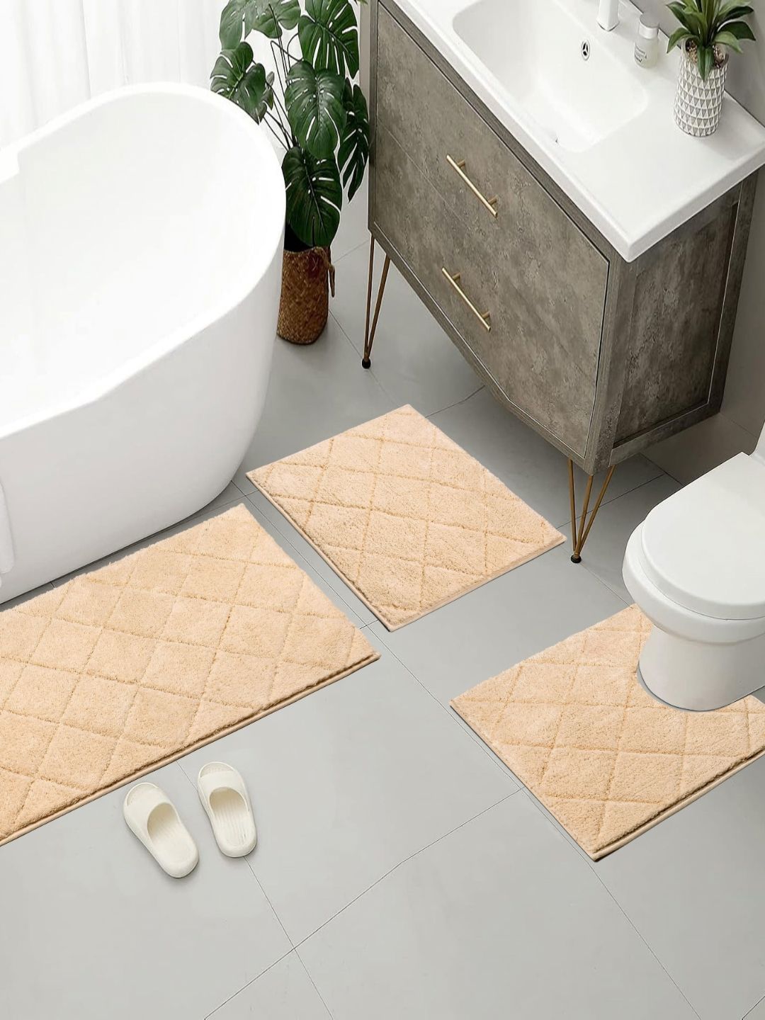 Saral Home 3-Pcs Beige Textured Pure Cotton Antiskid Bath Rugs-image-39