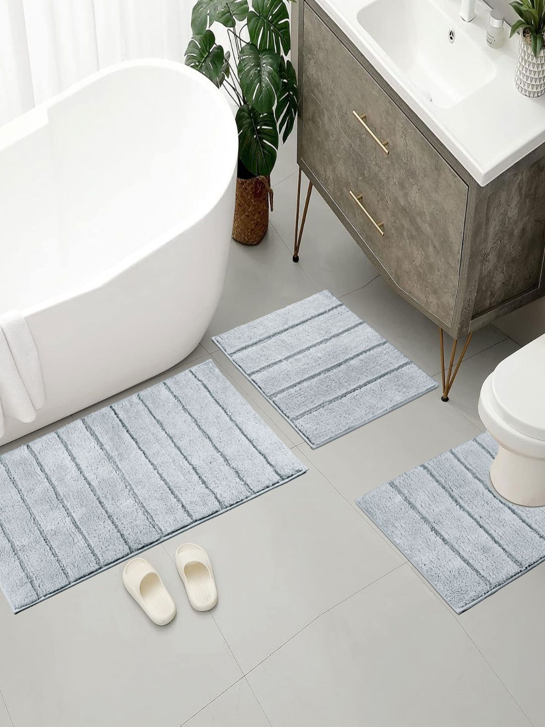 Saral Home 3-Pcs Grey Pure Cotton Antiskid Bath Rugs-image-42