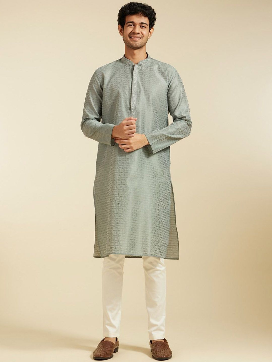 Diwas by Manyavar Floral Woven Design Thread Work Mandarin Collar Straight Kurta-picture-51