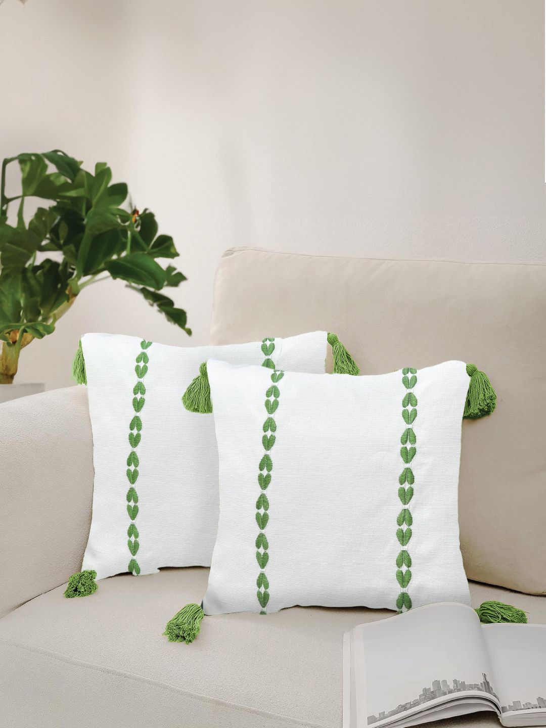 URBAN SPACE Green & White 2 Pieces Embroidered Pure Cotton Square Cushion Covers-picture-36