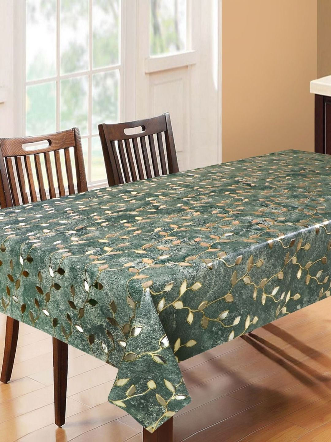 Dakshya Industries Green & Gold-Toned Floral Waterproof Plastic 6-Seater Table Cover-picture-39