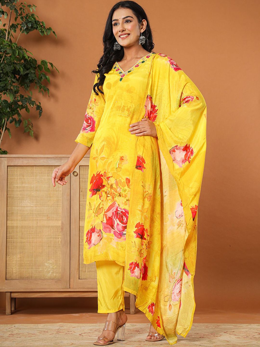 Women Yellow Embroidered Linen Straight Kurta Trouser With Dupatta