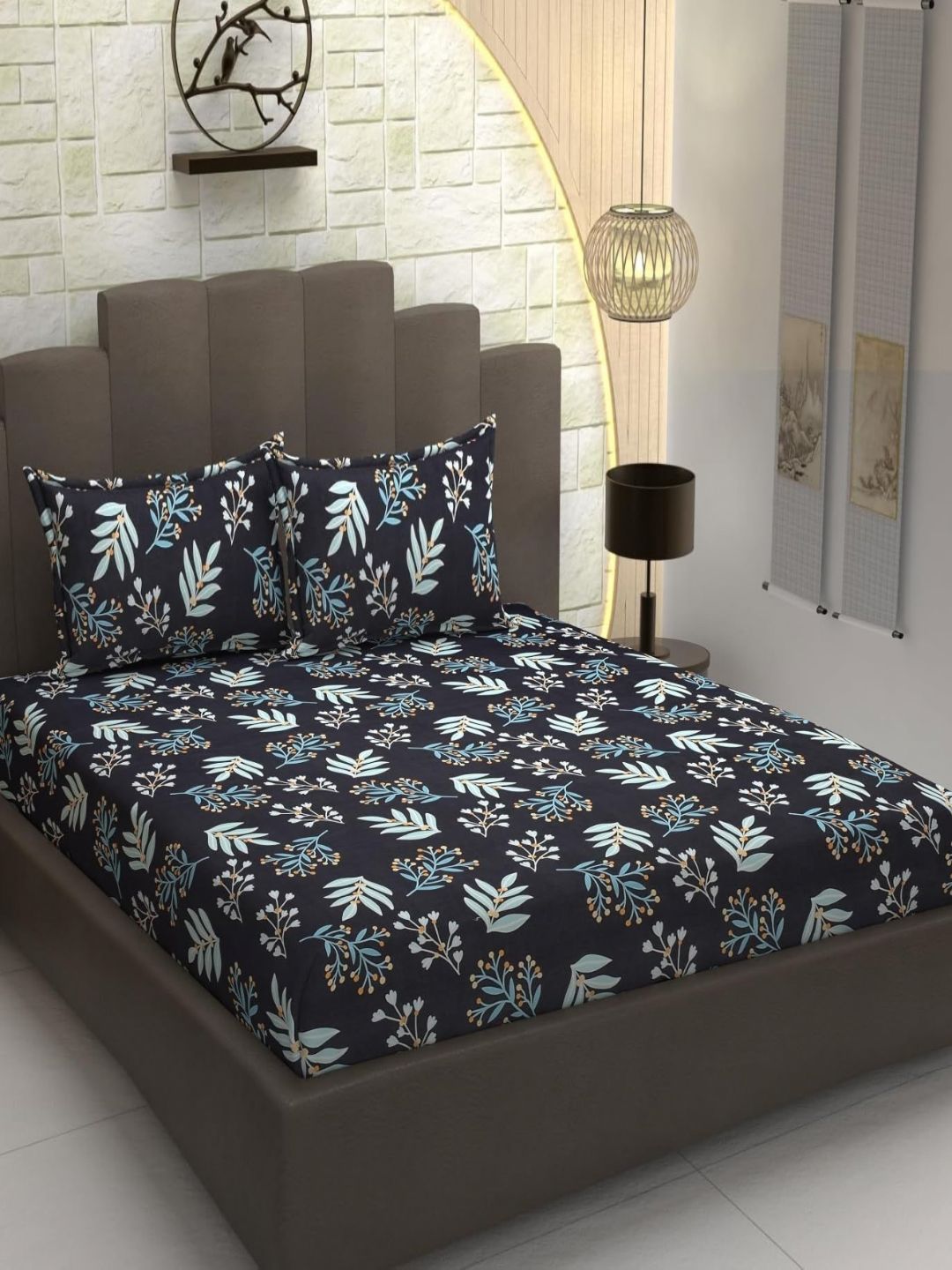 Banchmark Home Furnishings Black & Blue Floral 300 TC King Bedsheet with 2 Pillow Covers-picture-34