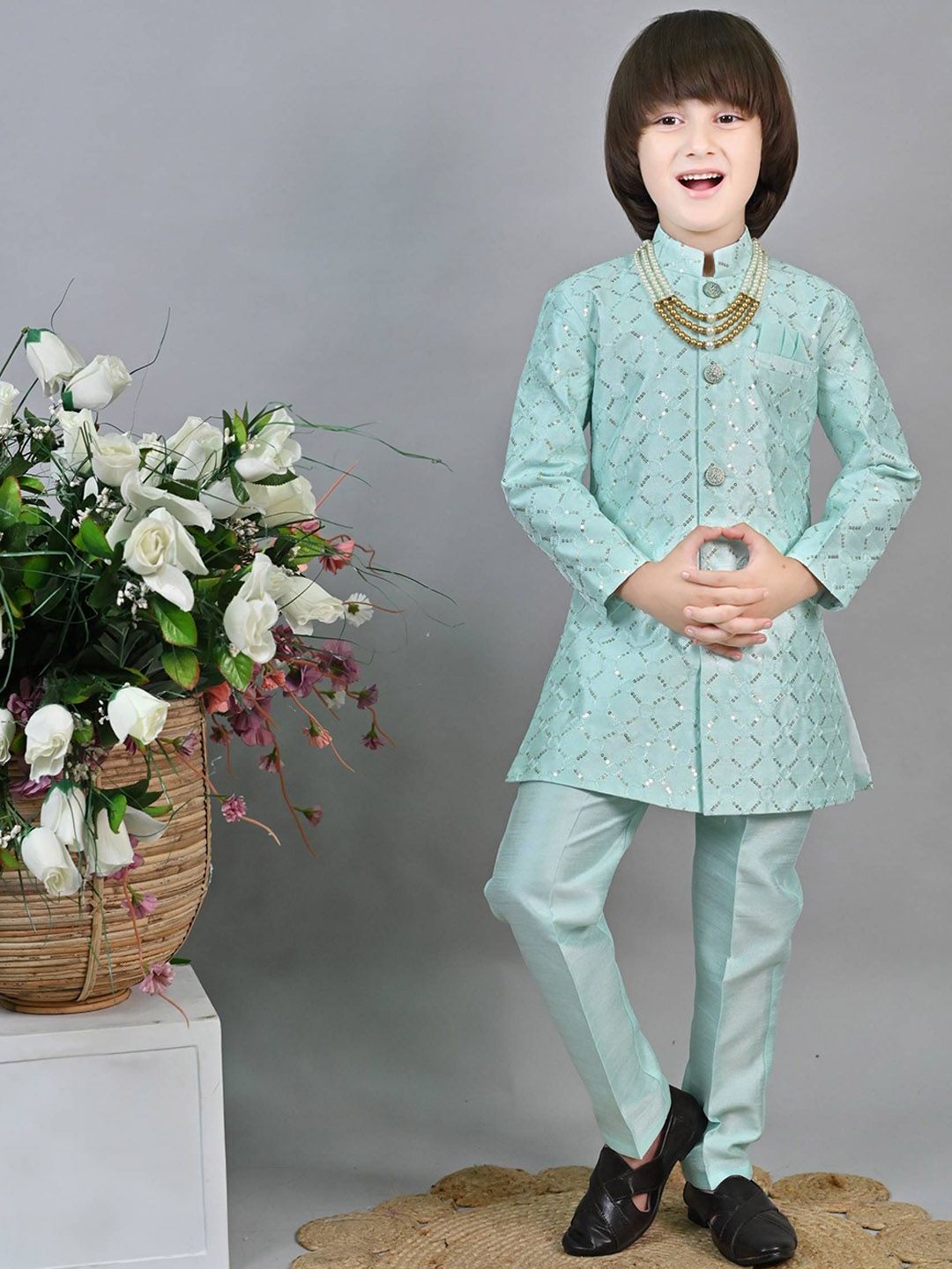 ahhaaaa Boys Sequin Embellished Sherwani Set-picture-22