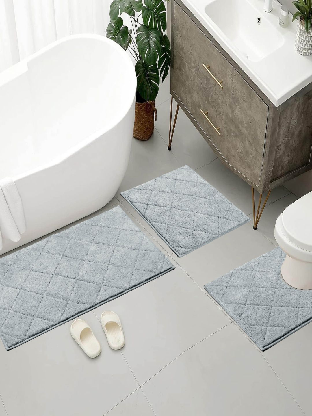 Saral Home 3-Pcs Grey Textured Pure Cotton Antiskid Bath Rugs-image-11