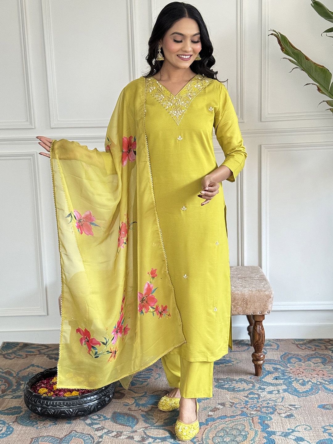 KALINI Floral Embroidered Sequinned Kurta With Trousers & Dupatta