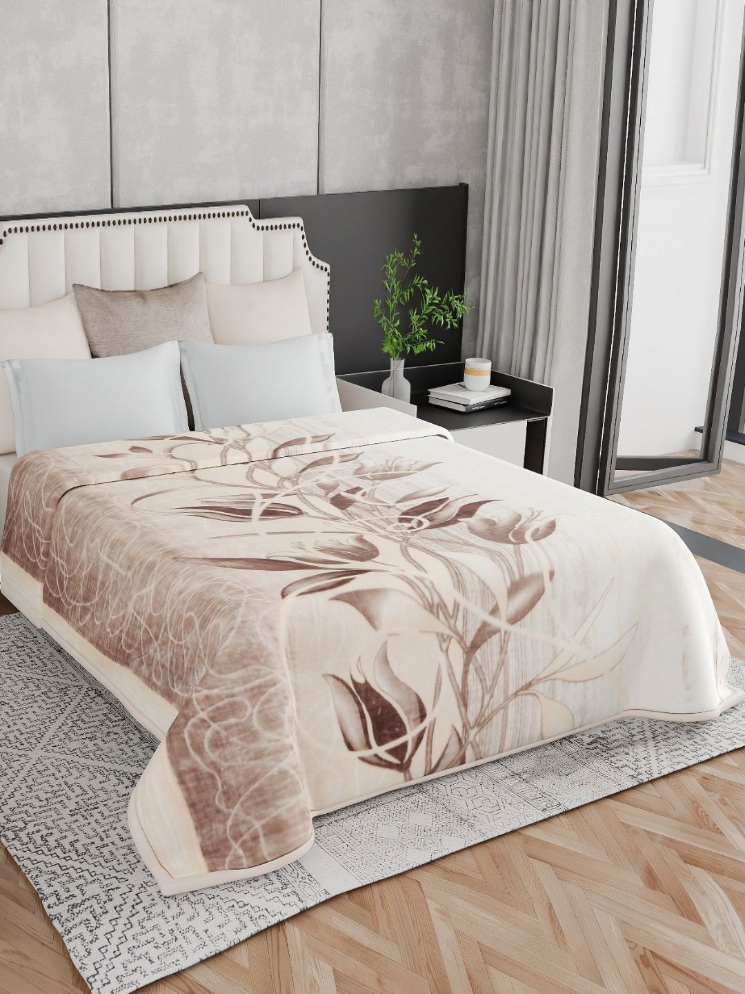 Signature Cream-Coloured & Brown Floral Mink Heavy Winter Double Bed Blanket-picture-21