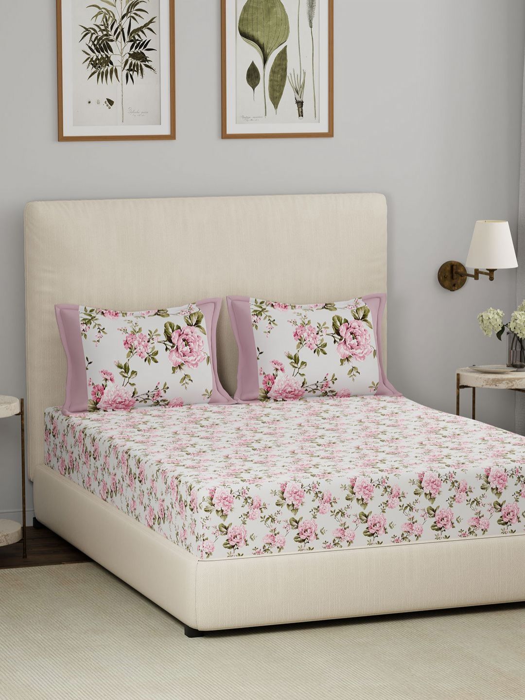 MASPAR Eclectic Garden White Floral Printed 210 TC Cotton Queen Bed Sheet & 2 Pillow Cover-image-25