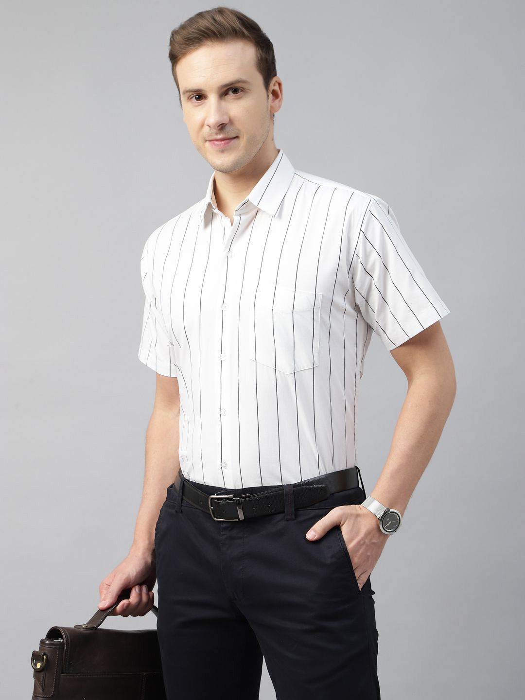 Hancock Men Spread Collar Vertical Striped Cotton Slim Fit Formal Shirt-picture-51