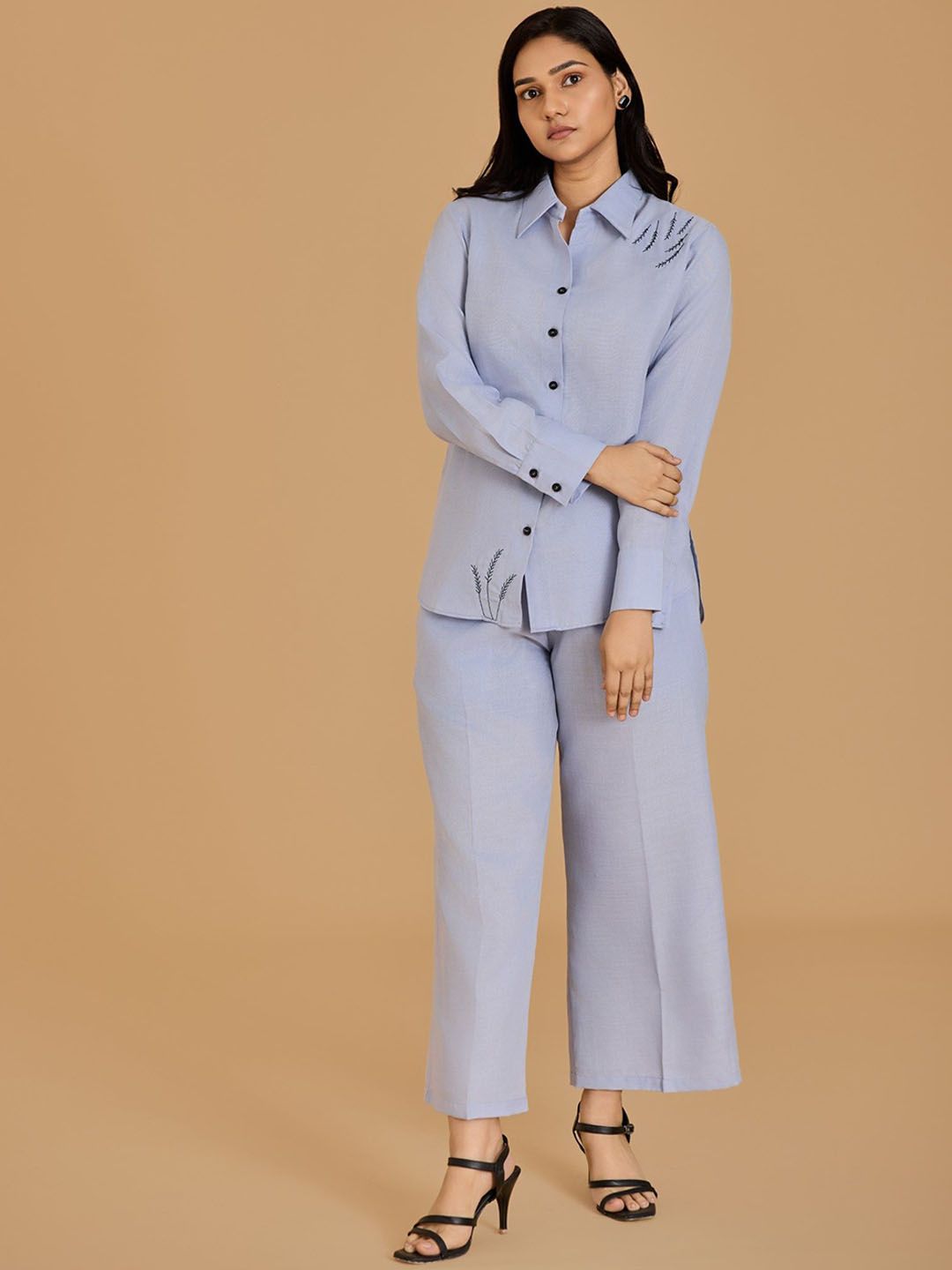 Urban Sundari Leaf Embroidered Pure Cotton Shirt With Trousers