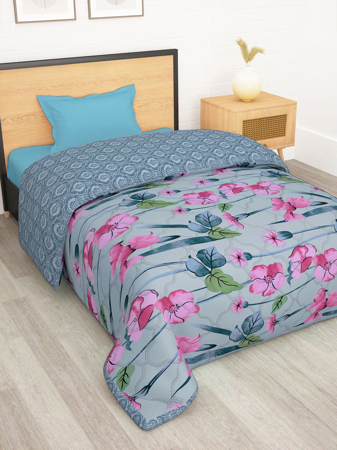 Story@home Blue & Purple Printed Reversible Microfiber 180GSM AC Room Single Bed Comforter-picture-16