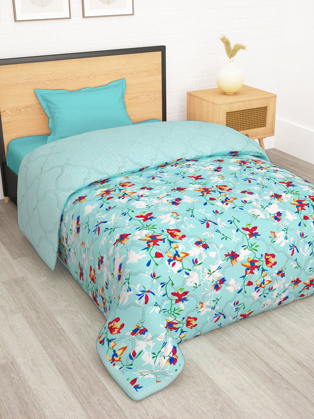 Story@home Turquoise Blue & Red Printed Reversible Microfiber AC Room Single Bed Comforter-picture-10