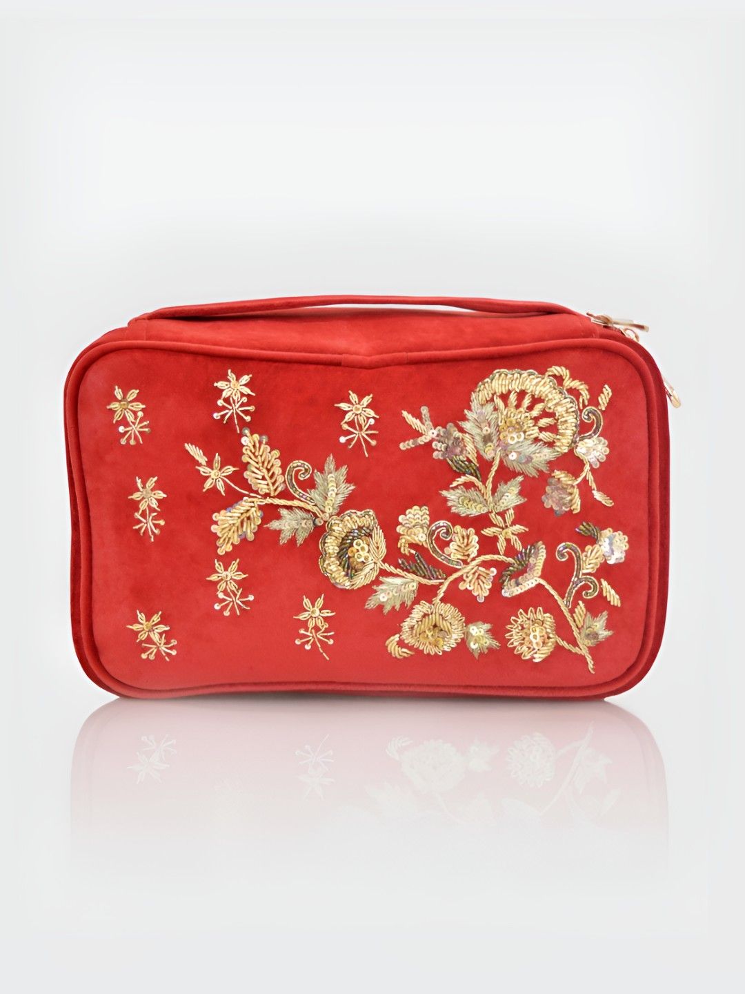 D'oro Red & Gold Toned Self Design Velvet Makeup Organiser-image-20