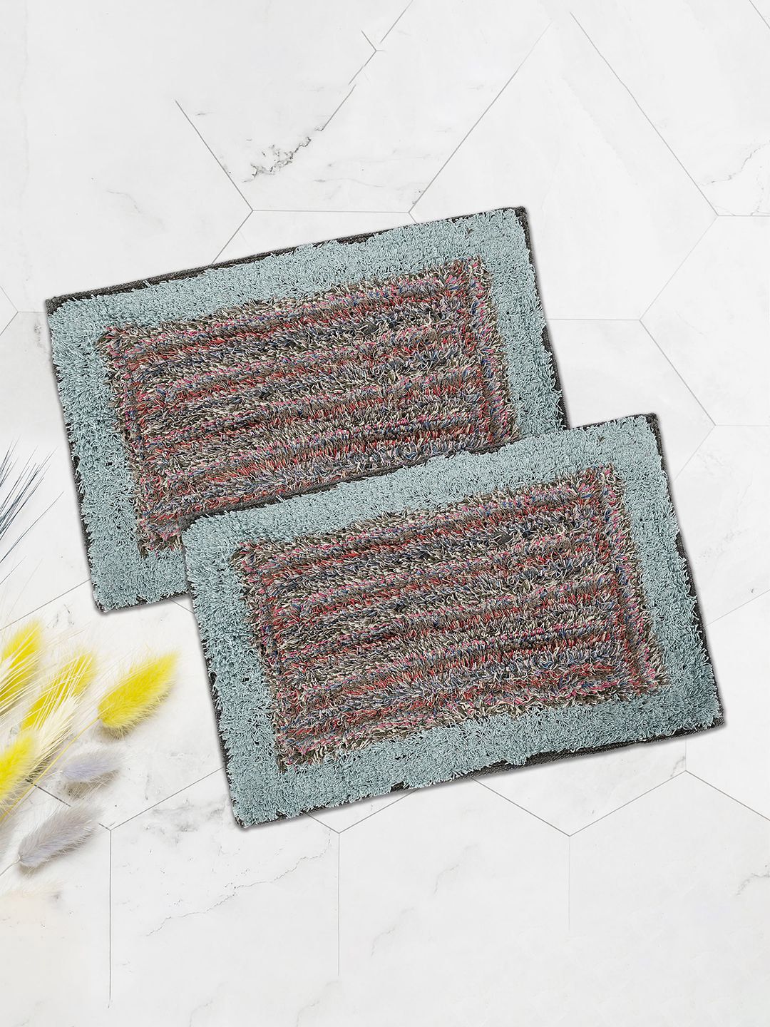 Kuber Industries Blue & Brown 2 Pieces Textured Anti-Slip Cotton Doormats-image-46