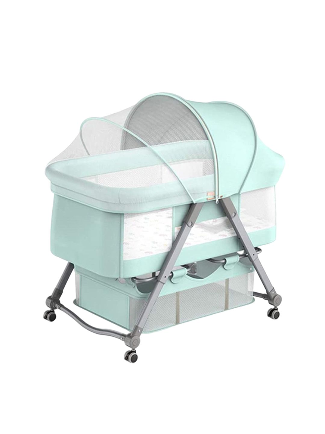 HOUSE OF QUIRK Kids Unisex Green & White Foldable Cradle With Casters-picture-13