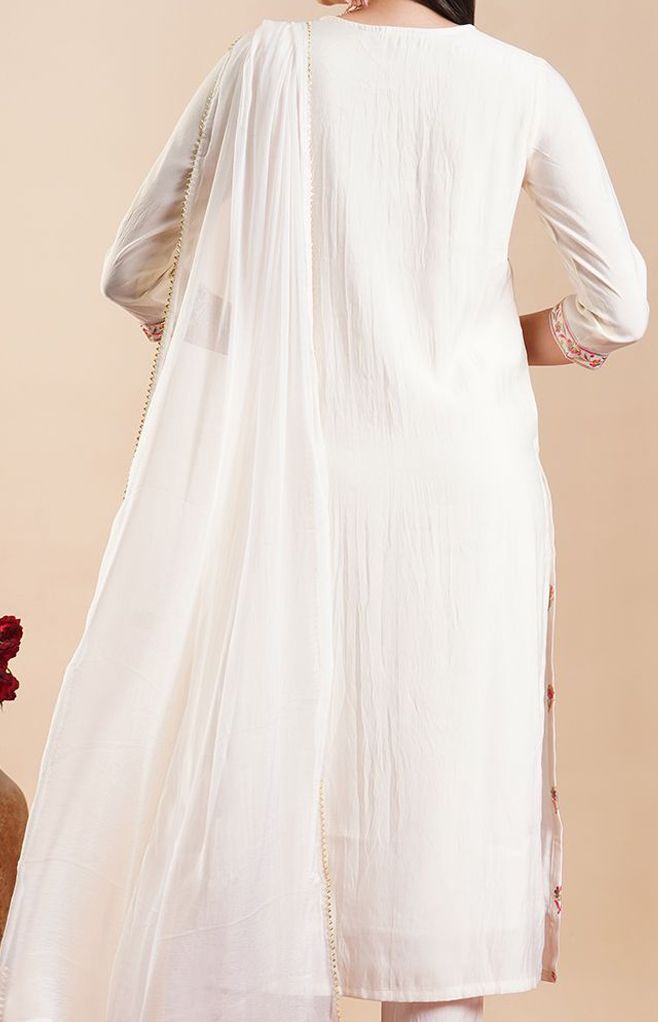 Women Pink Tribal Embroidered Thread Work Kurta with Trousers & With Dupatta