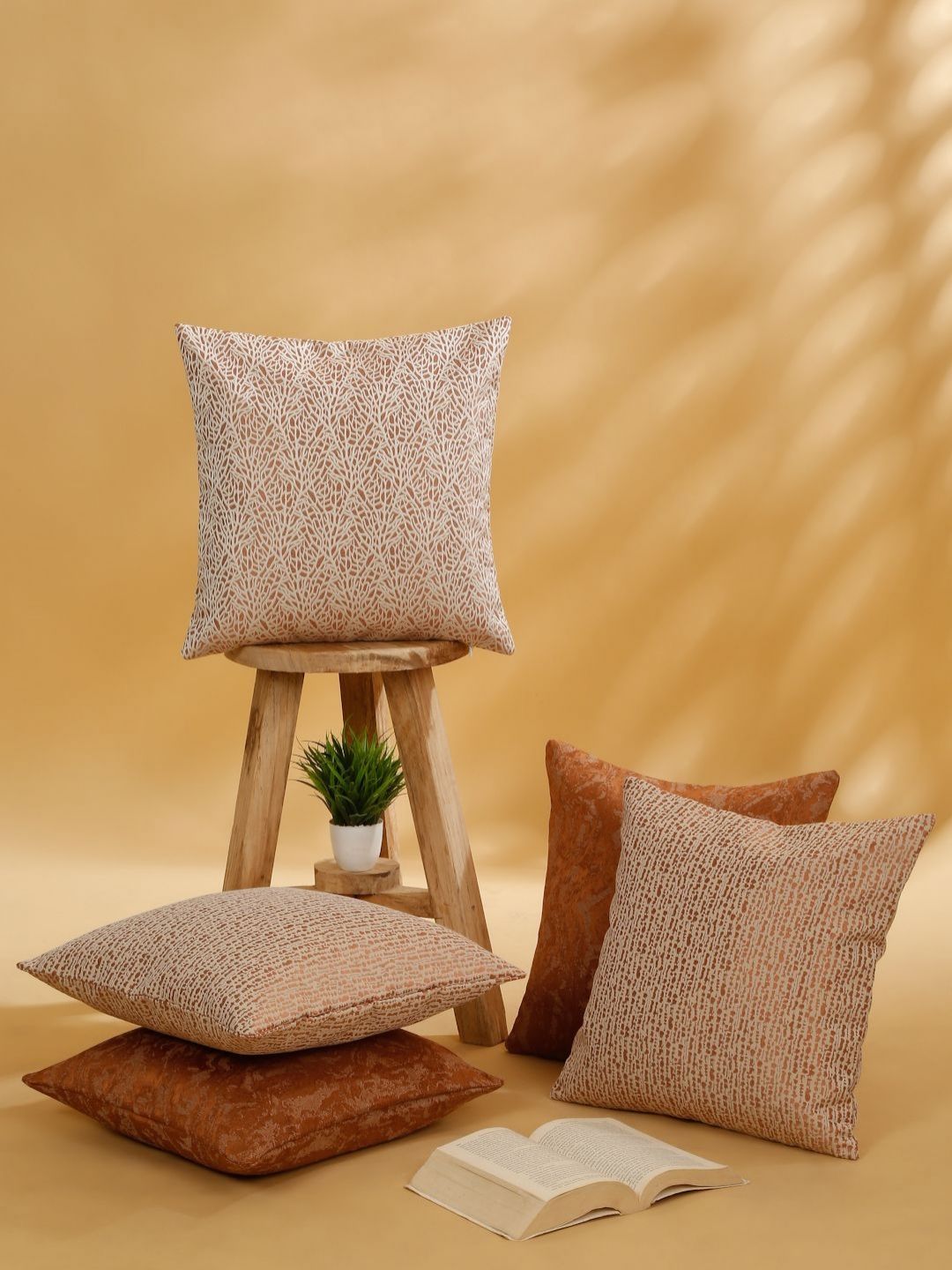 ROSARA HOME Rust Brown & Pink 5 Pieces Abstract Printed Square Cushion Covers-image-38