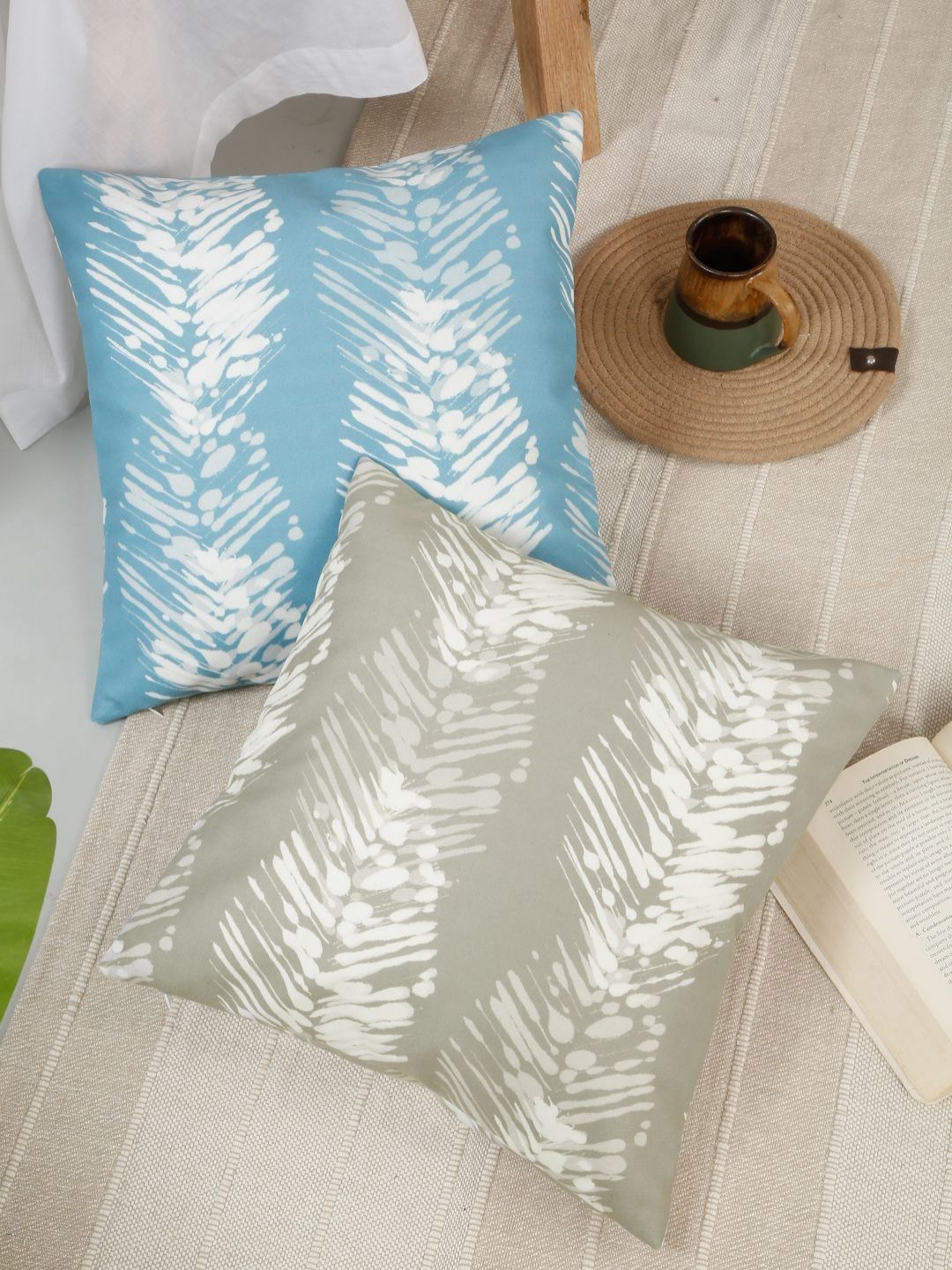 ROSARA HOME Grey & Blue 2 Pieces Abstract Printed Square Cushion Covers-picture-32