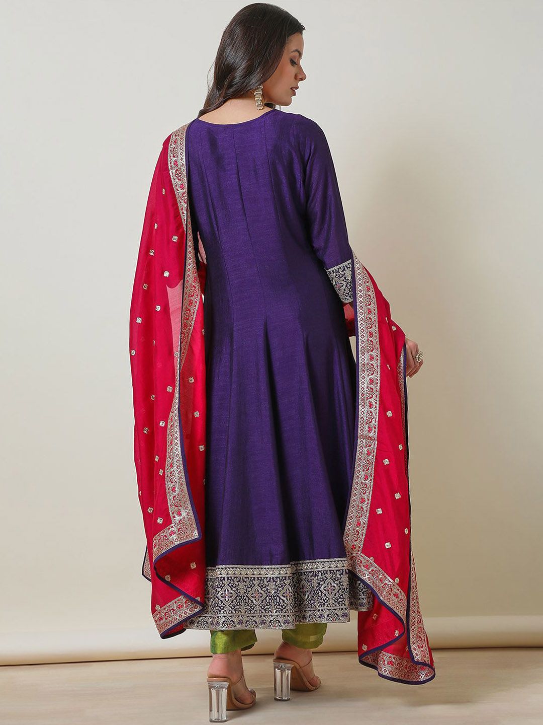 Purple - Hand Embroidery Fine Tissue Zari Straight Plain Kurta for women 06