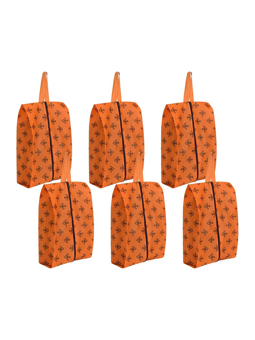 prettykrafts Orange & Black 6 Pieces Printed Reusable Shoe Organisers With Center Zip