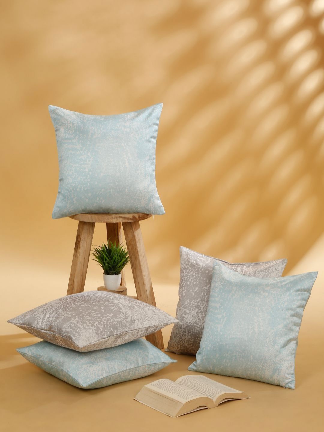 ROSARA HOME Blue 5 Pieces Abstract Printed Square Shaped Cushion Covers-picture-23
