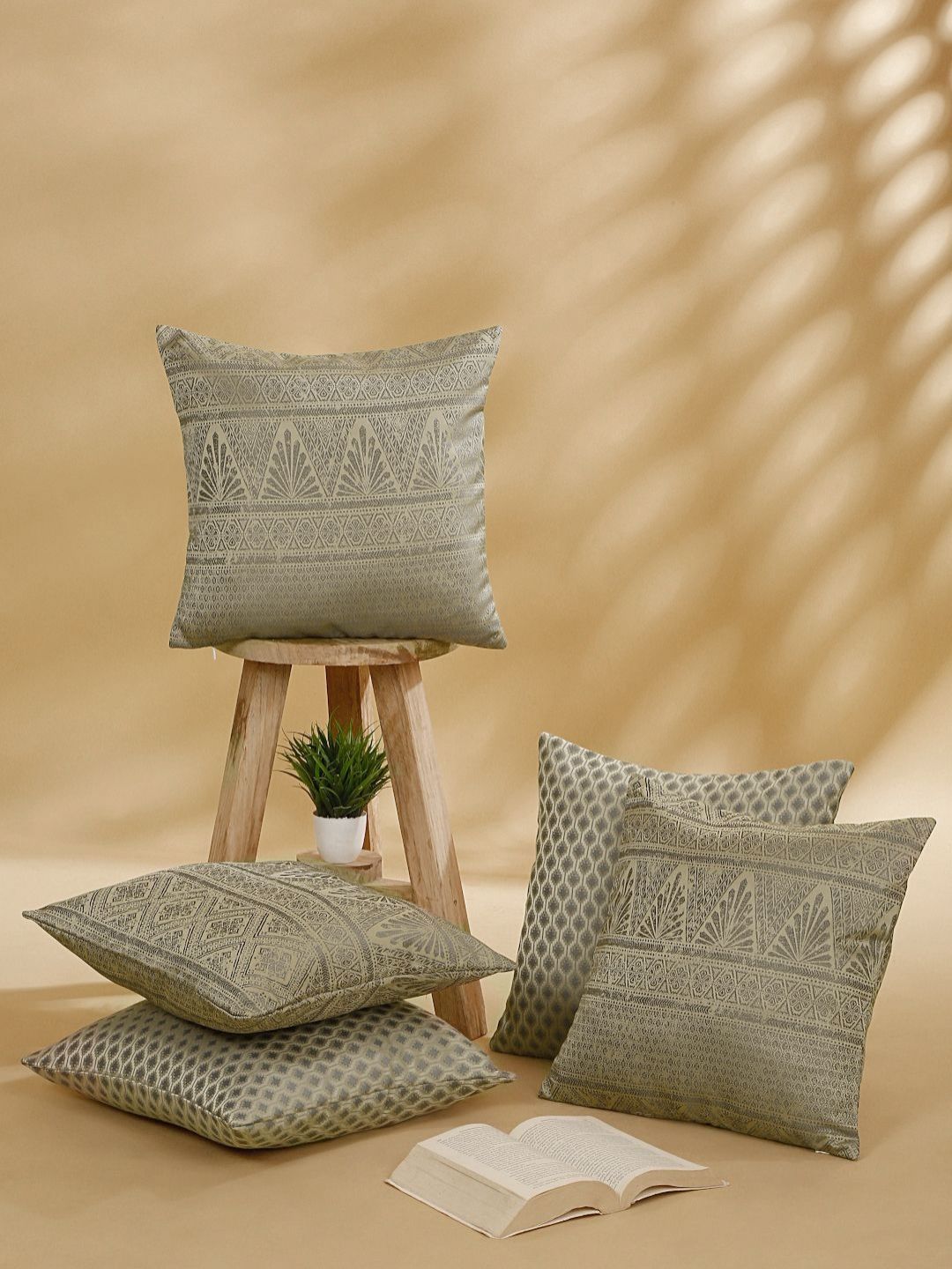 ROSARA HOME Beige & Grey 5 Pieces Ethnic Motifs Printed Square Cushion Covers-picture-13