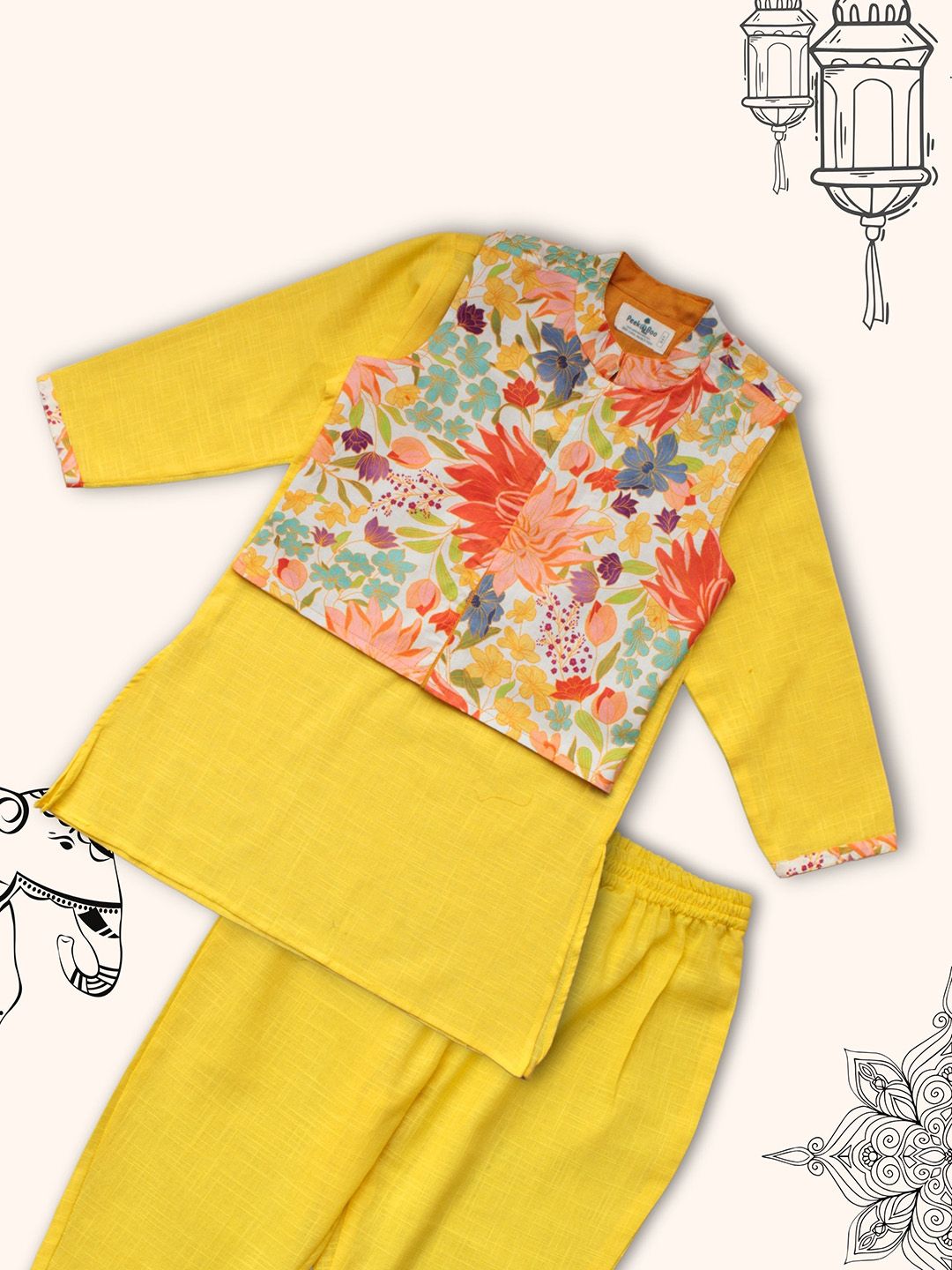 Peekaaboo Kids Boys Floral Printed Regular Pure Cotton Kurta with Pyjamas-picture-43