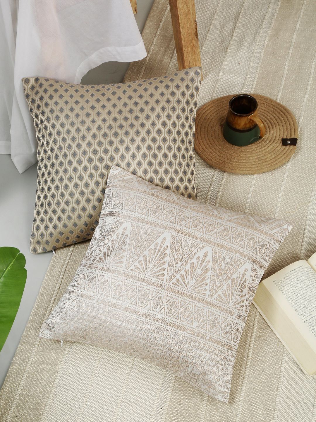 ROSARA HOME Beige 2 Pieces Abstract Printed Square Shaped Cushion Covers-picture-36