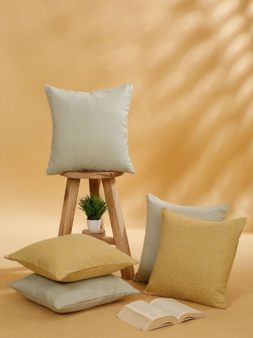 ROSARA HOME Green & Grey 5 Pieces Self Design Square Cushion Covers-picture-30