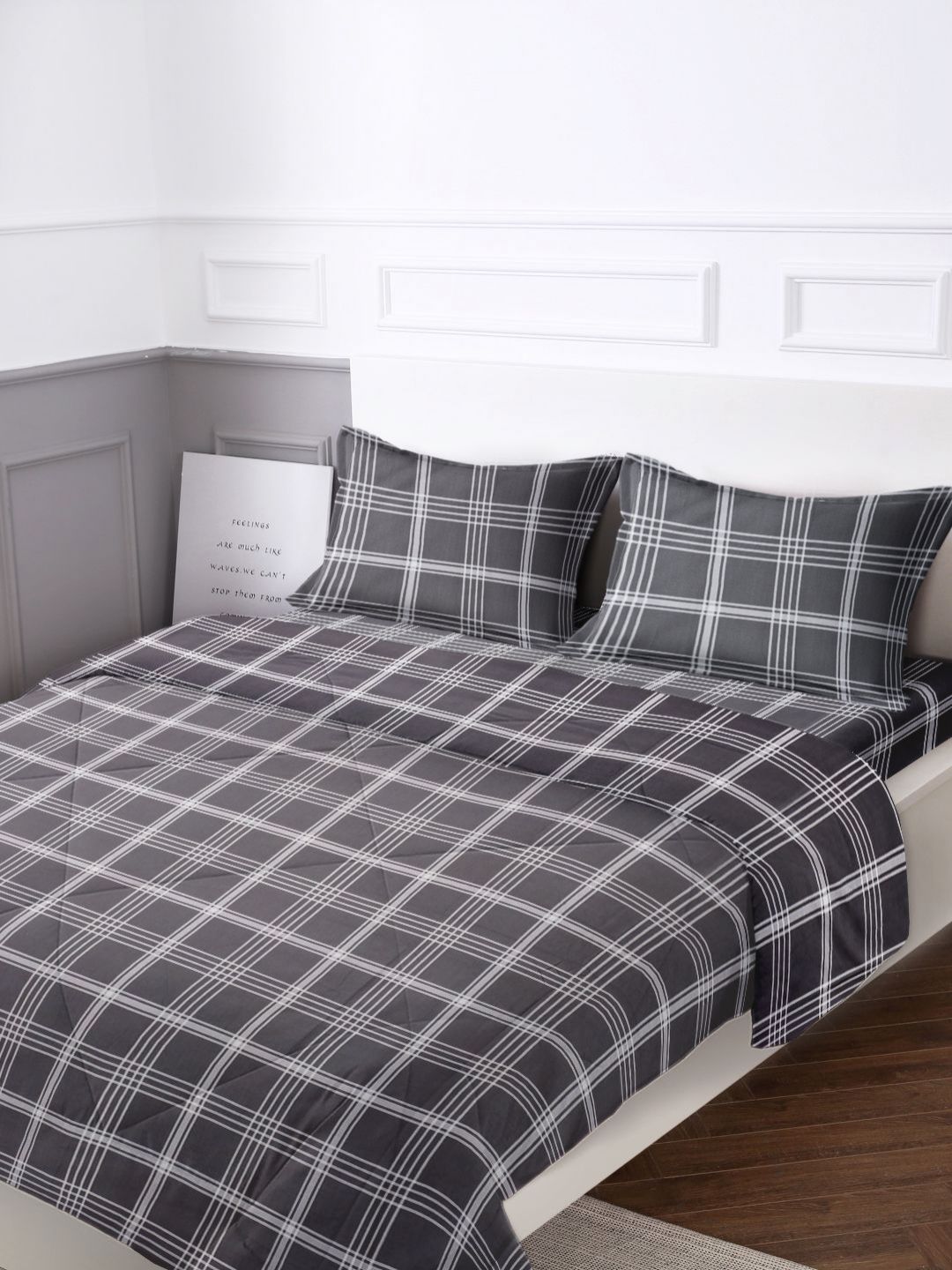 URBAN DREAM Black & White Checked Cotton 4 Piece Double Queen Superfine Bedding Set-image-10