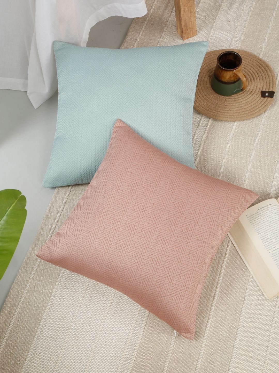 ROSARA HOME Pink & Blue Set of 2 Textured Square Cushion Covers-image-26