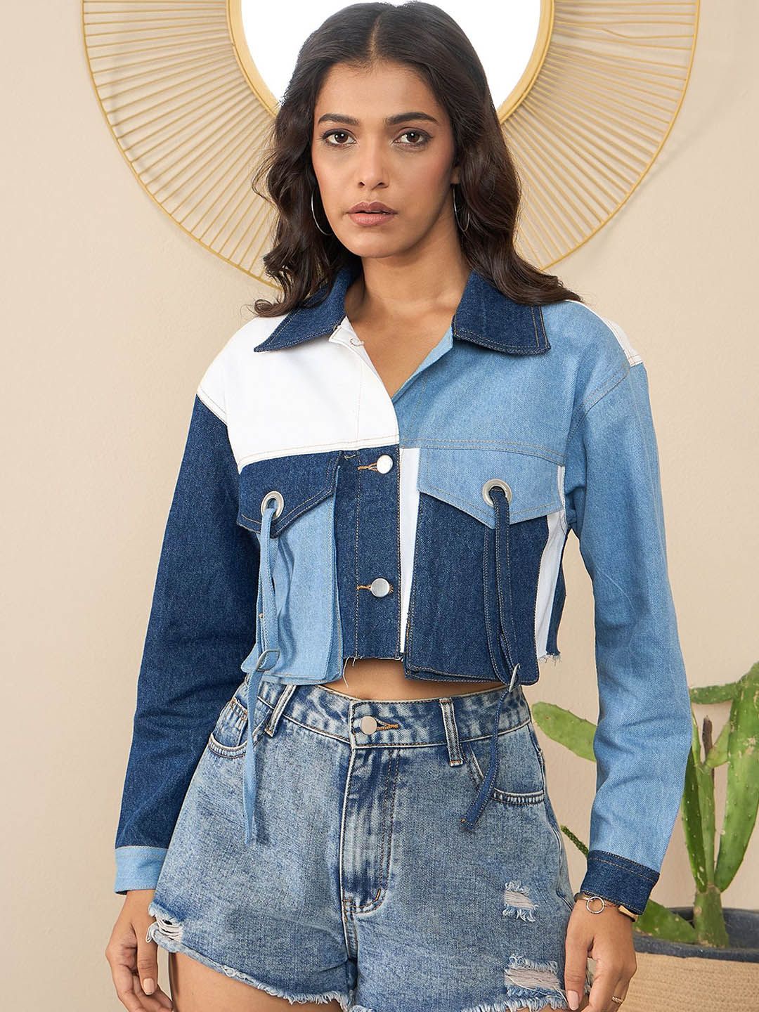 StyleStone Women Colourblocked Crop Outdoor Denim Jacket with Patchwork-picture-32