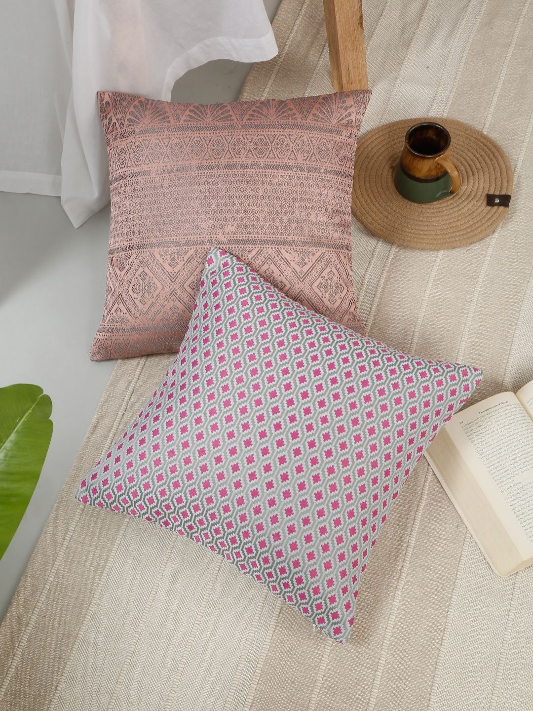 ROSARA HOME Pink & Grey 2 Pieces Ethnic Motifs Printed Square Shaped Cushion Covers-picture-34