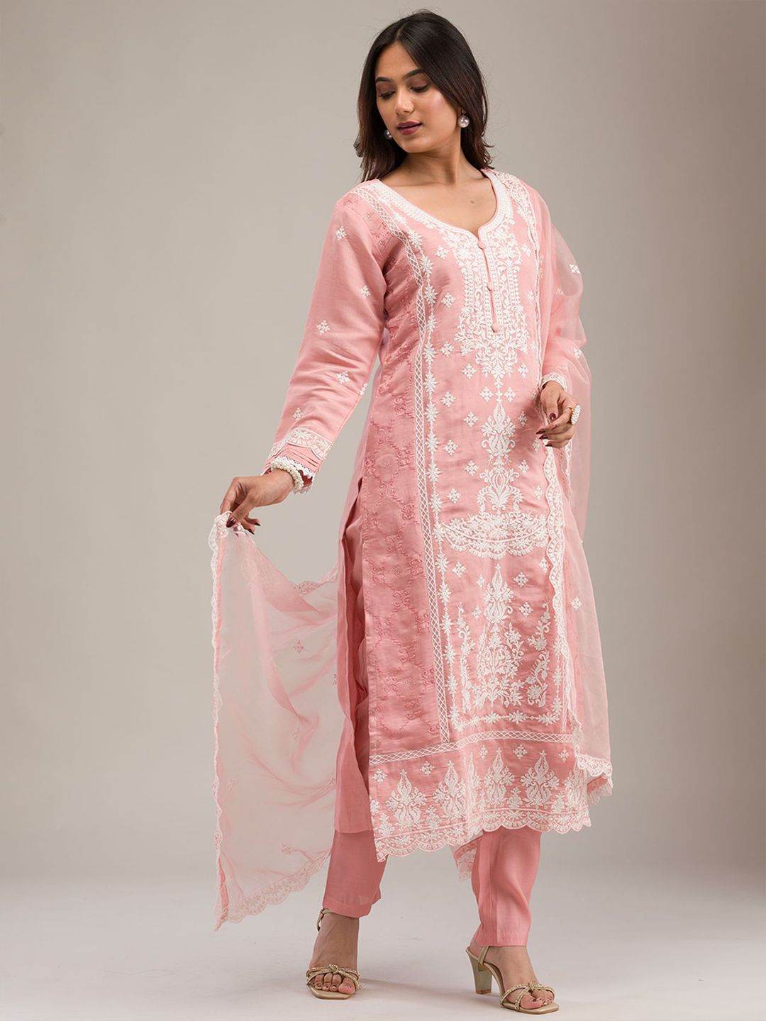 Embroidered Round Neck Kurta with Trousers & Dupatta main image 1