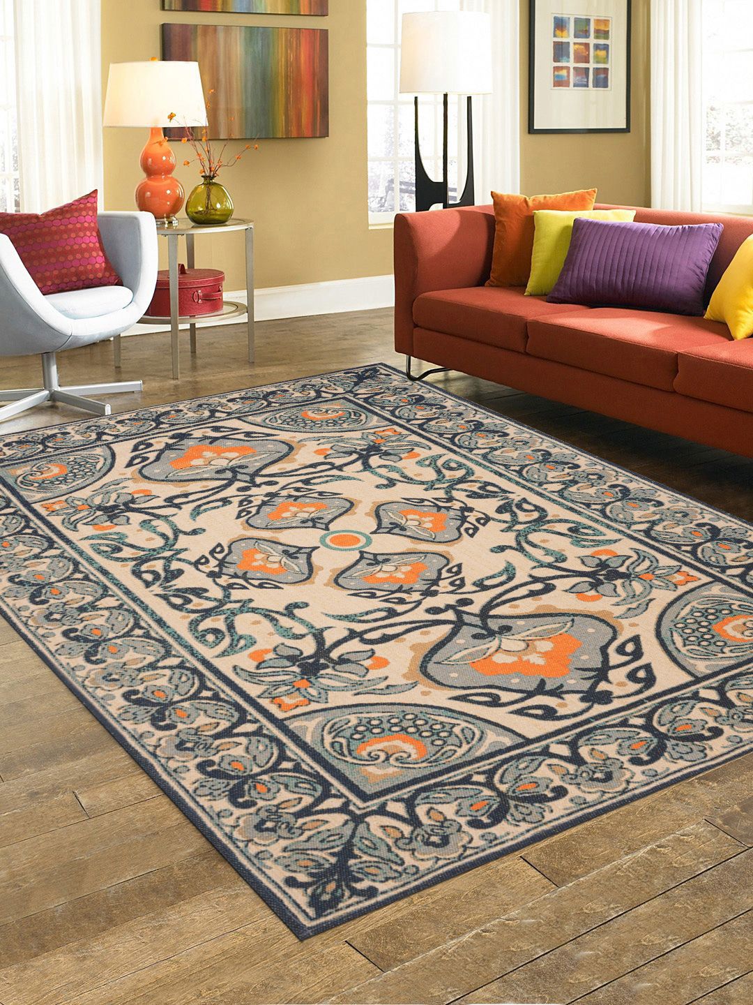BLANC9 Blue & Beige Ethnic Motifs Printed Cotton Traditional Carpet-image-49