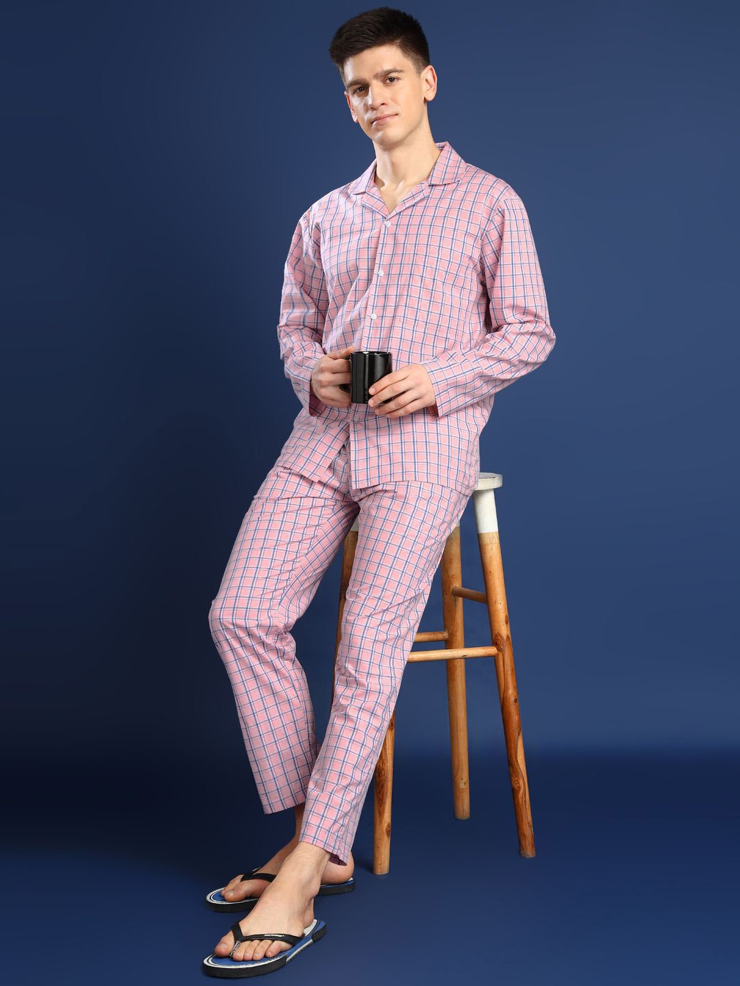Hancock Men Checked Lapel Collar Pure Cotton Night suit-picture-14