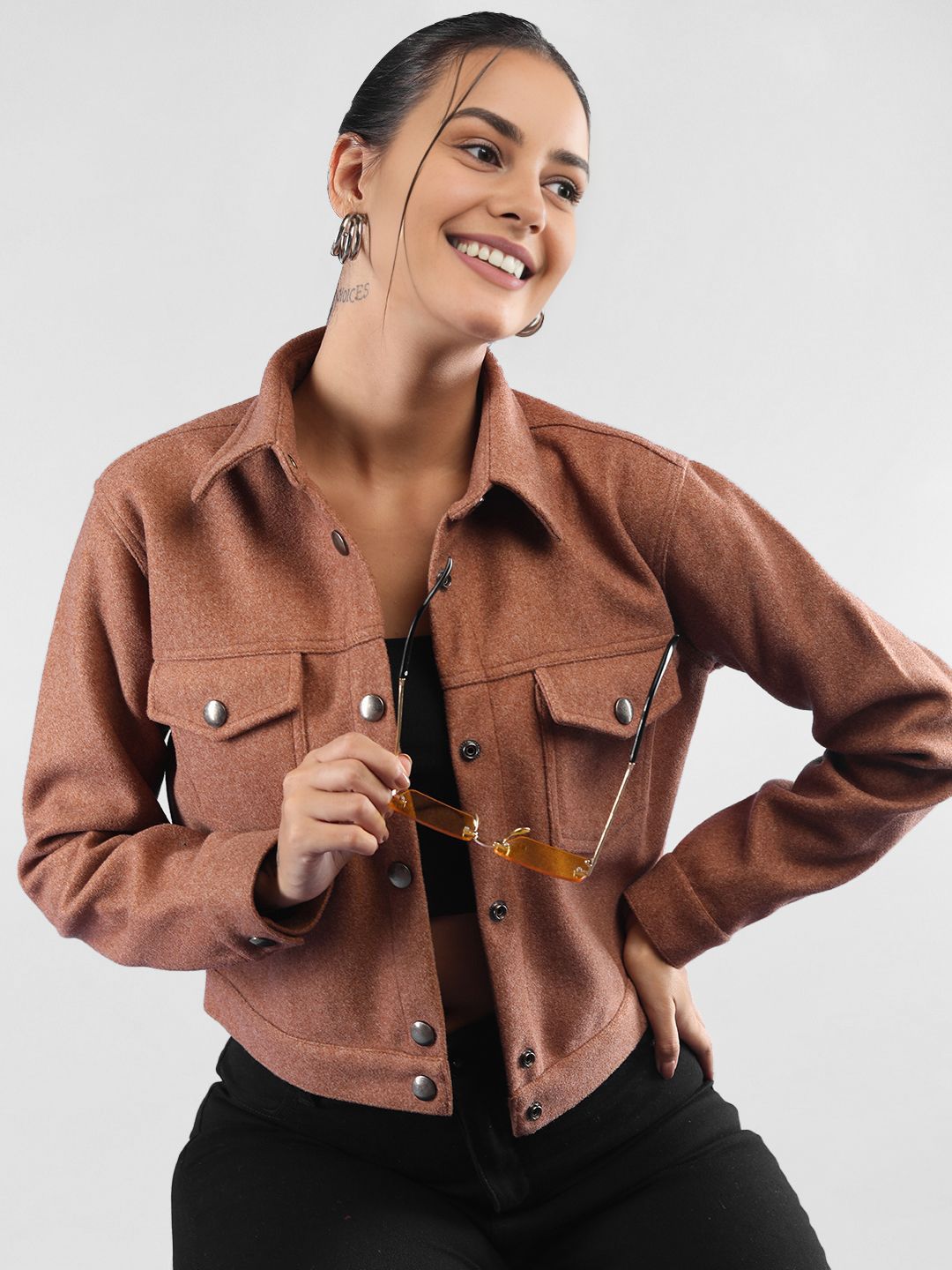 The Roadster Lifestyle Co. Spread Collar Woollen Crop Tailored Jacket-image-30