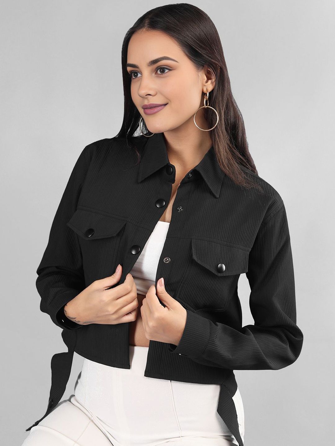 The Roadster Lifestyle Co. Black Spread Collar Crop Corduroy Tailored Jacket-picture-48