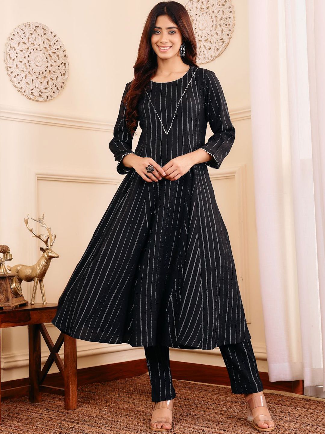 Varanga Women Striped Regular Gotta Patti Silk Crepe Kurta with Trouser-picture-15