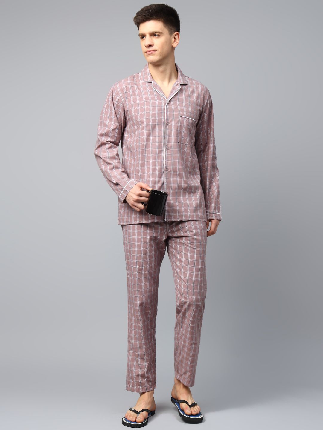 English Navy Men Wrinkle Resistant Checked Lapel Collar Night suit-image-36