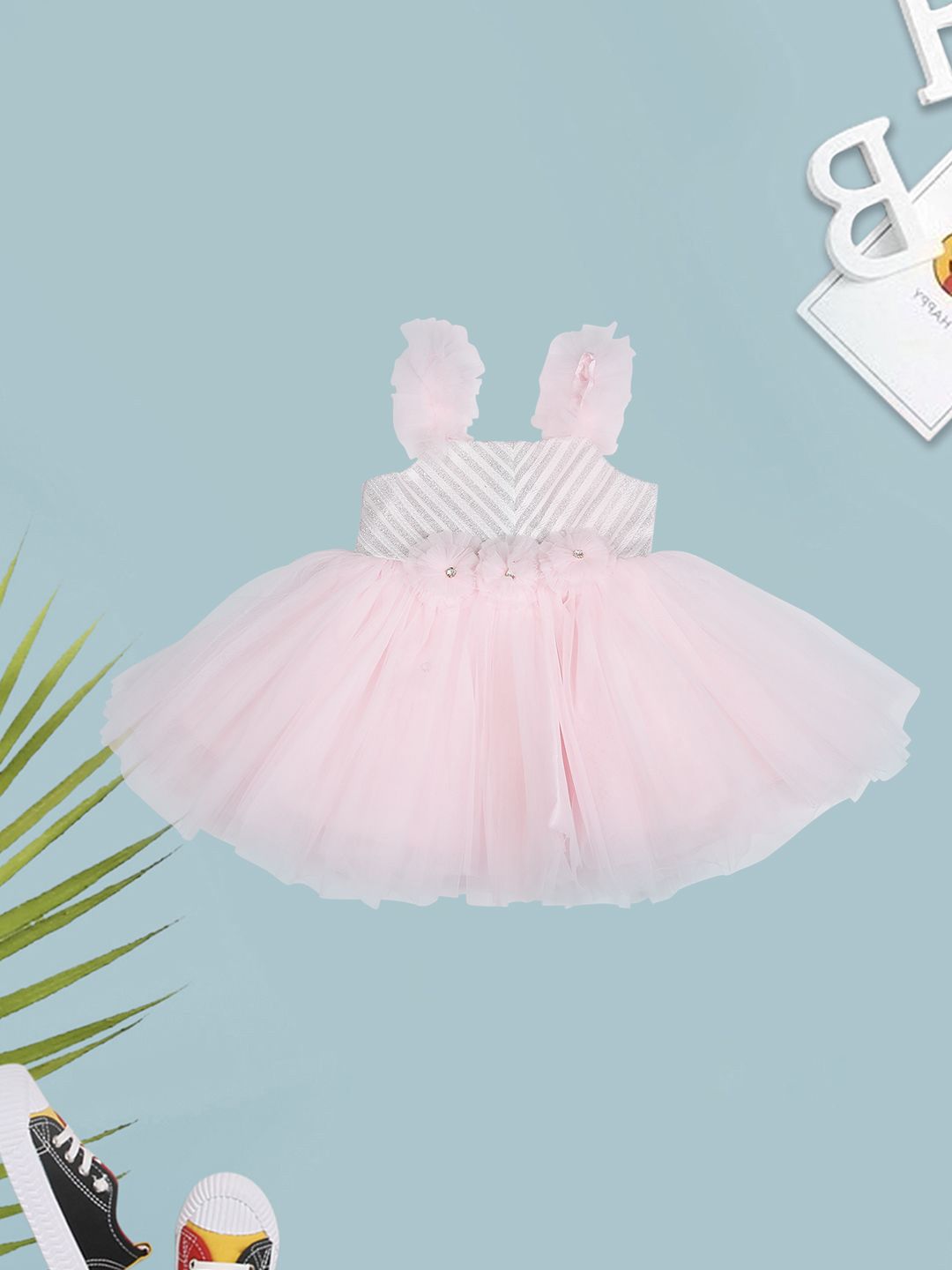 MeeMee Girls Floral Applique Striped Net Fit & Flare Dress-picture-12