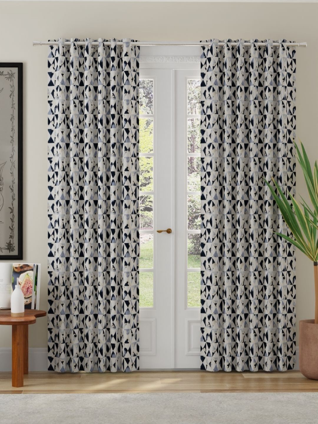 ROSARA HOME Navy Blue & White 2 Pieces Abstract Printed Room Darkening Long Door Curtains-picture-34