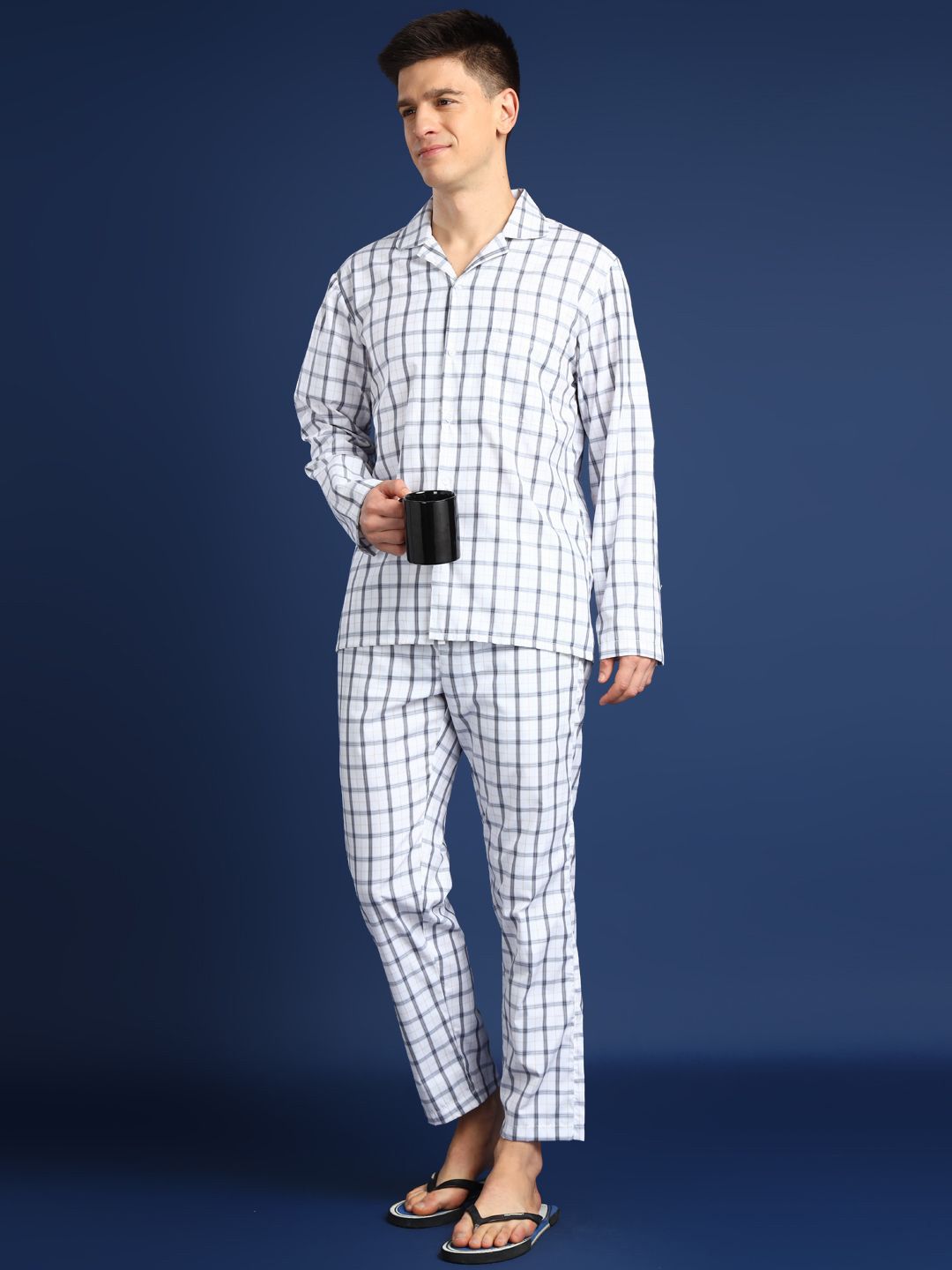 English Navy Men Wrinkle Resistant Checked Lapel Collar Night suit-picture-37