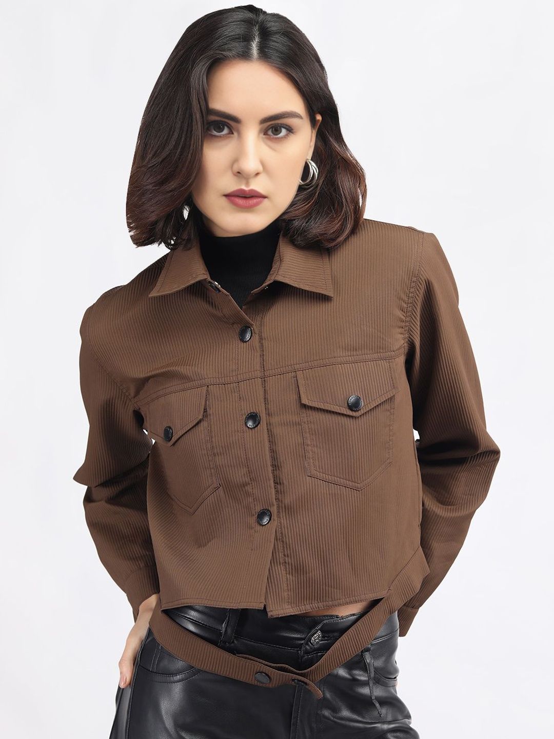 The Roadster Lifestyle Co. Brown Spread Collar Crop Corduroy Tailored Jacket-picture-32