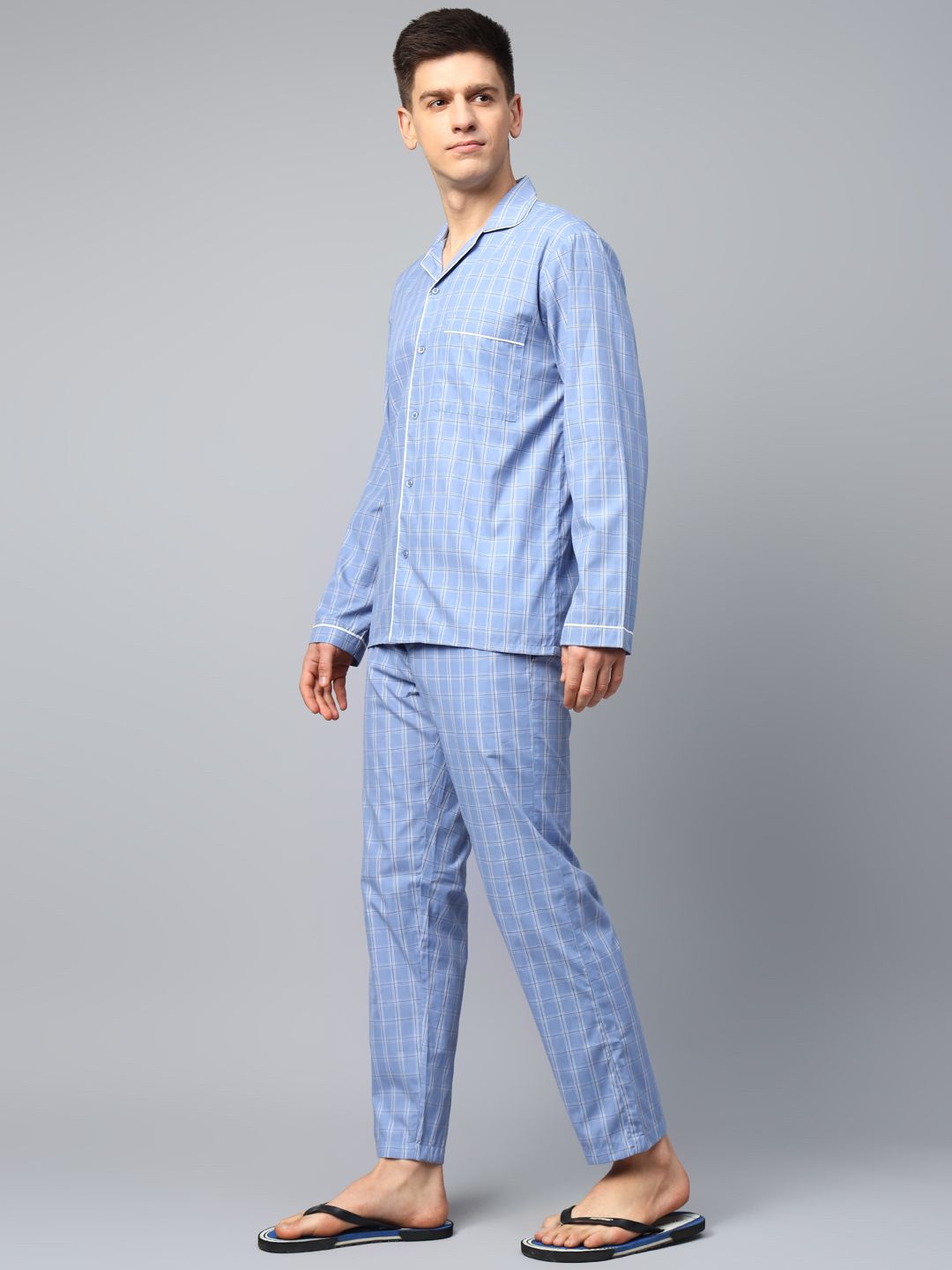 English Navy Men Wrinkle Resistant Checked Lapel Collar Night suit-picture-10