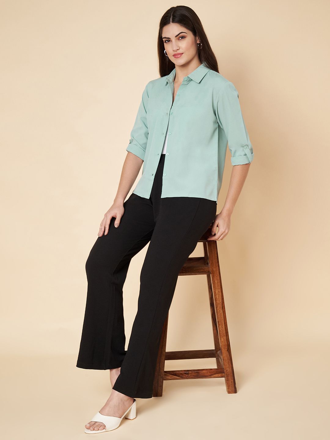 Women's White Comfort Fit Spread Collar Solid Poly Silk Casual Shirt