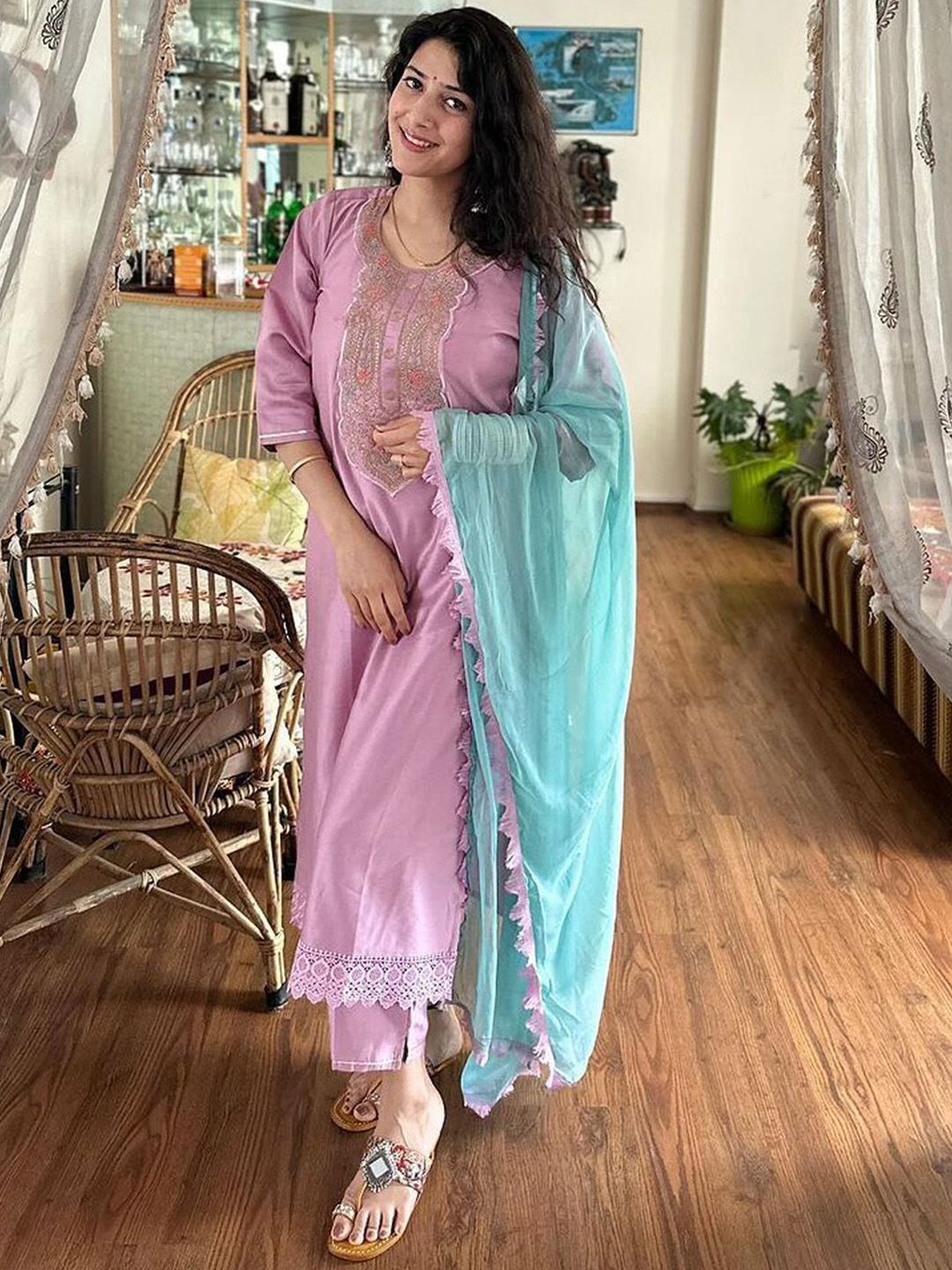 VredeVogel Ethnic Motifs Embroidered Patch Work Round Neck Kurta with Trouser & Dupatta