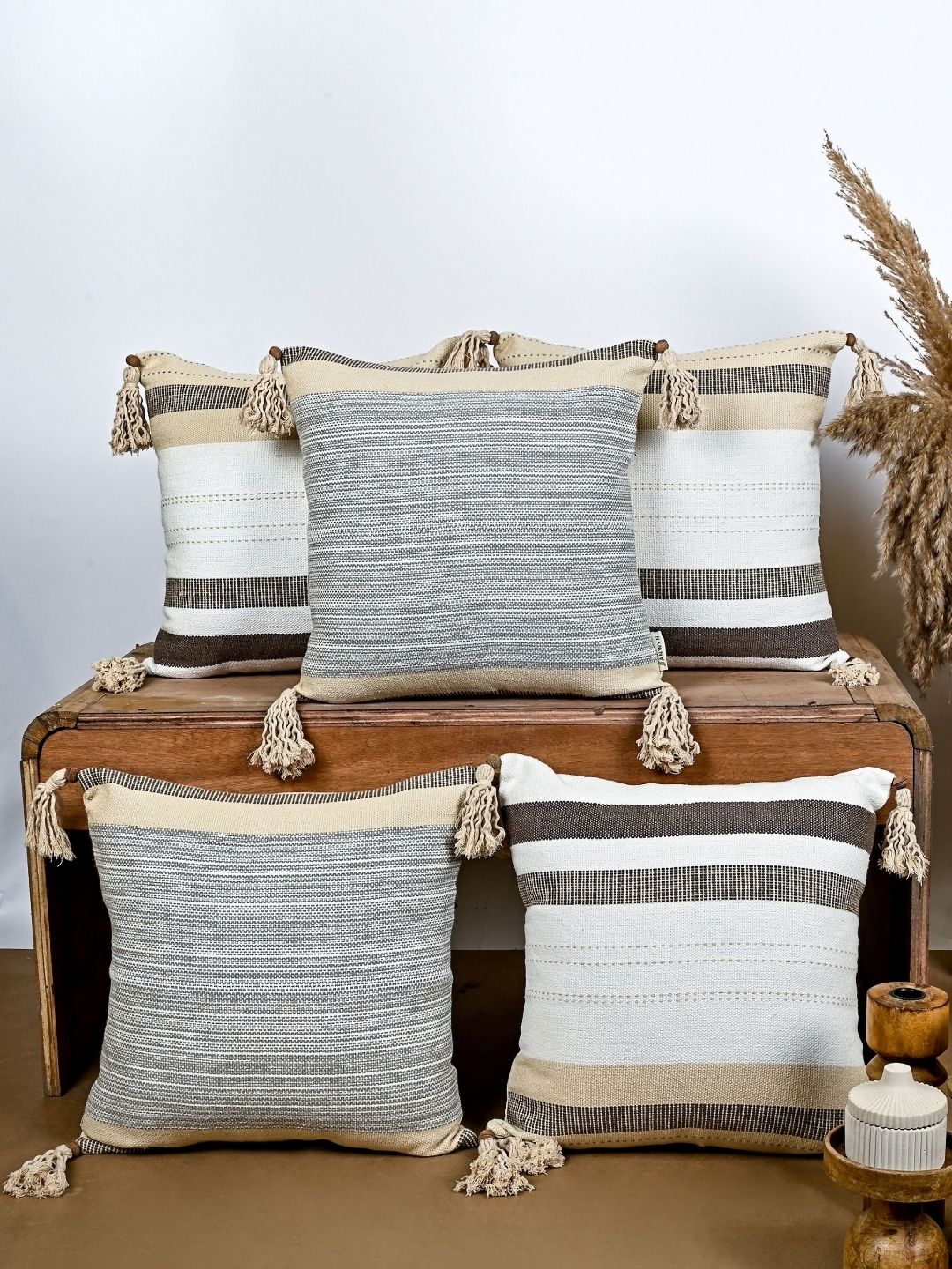 ANWYN White & Beige Set of 5 Square Cushion Covers-picture-41