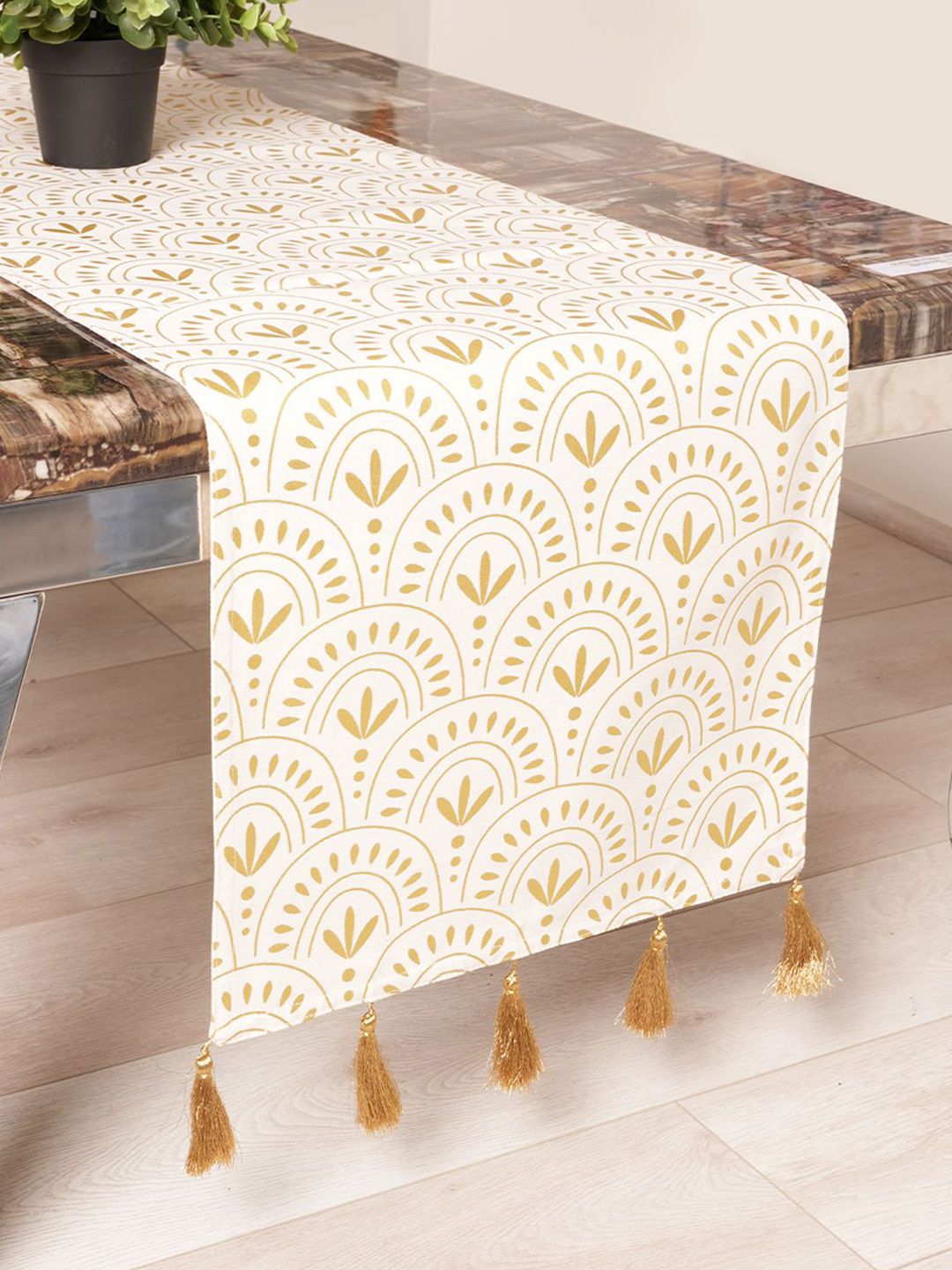 BLANC9 Beige & Yellow Cotton Printed Table Runner With Tassel-picture-38